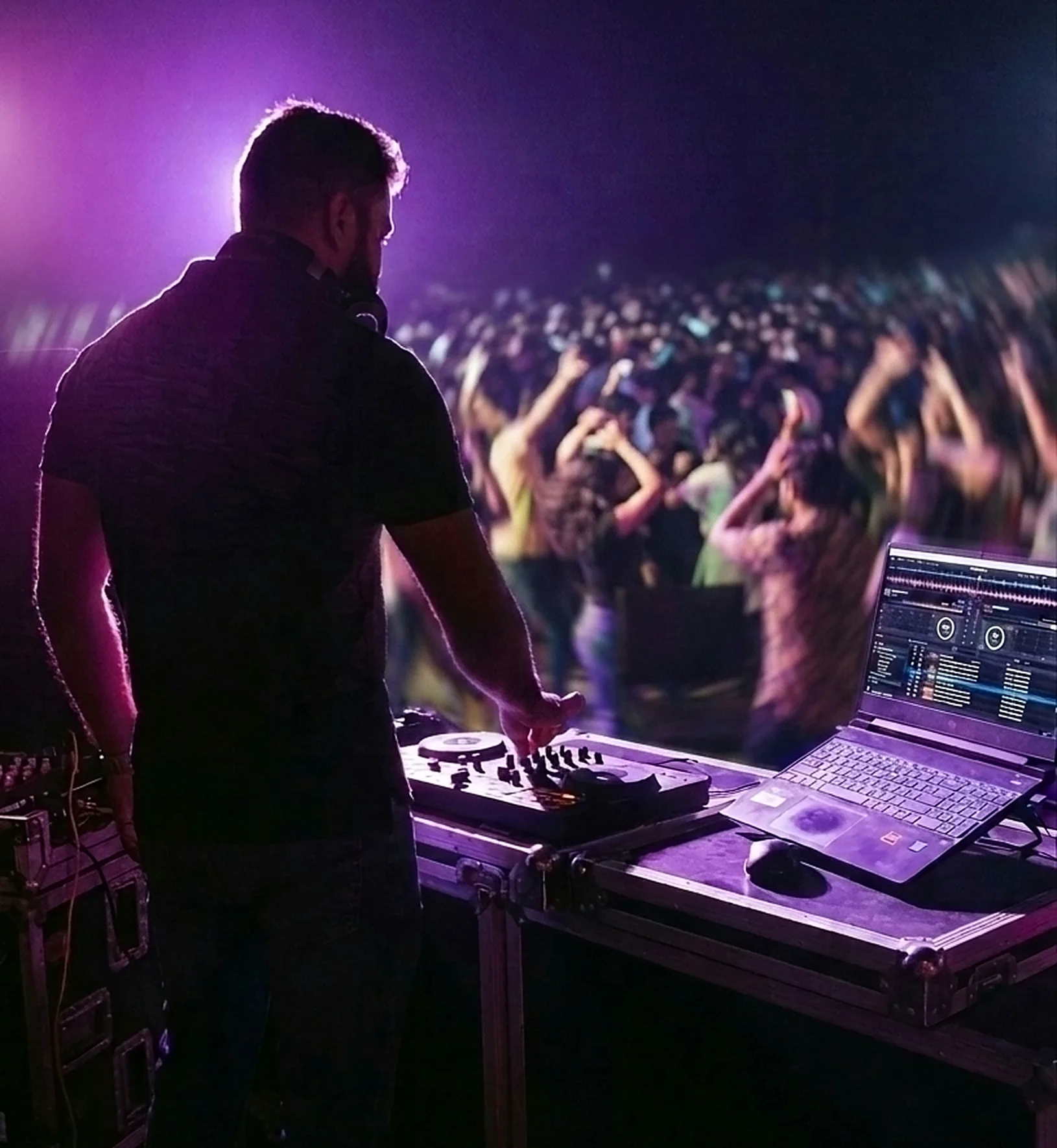 A DJ at the decks in violet stage light, facing a crowd with their hands raised.